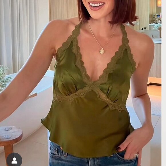 Reformation Tops - BEST Reformation Monica Silk Top - Olive Green Halter Lace French Quiet Lux